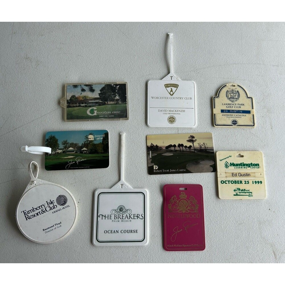 Vintage Golf Bag Tags Lot of 9 The Breakers Turnberry Nevillewood Worcester PGA